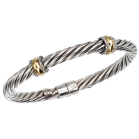 Wide Double Yellow Gold Rondelle Station Sterling Twisted Cable Spring Bangle Bracelet