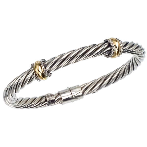 Wide Double Yellow Gold Rondelle Station Sterling Twisted Cable Spring Bangle Bracelet