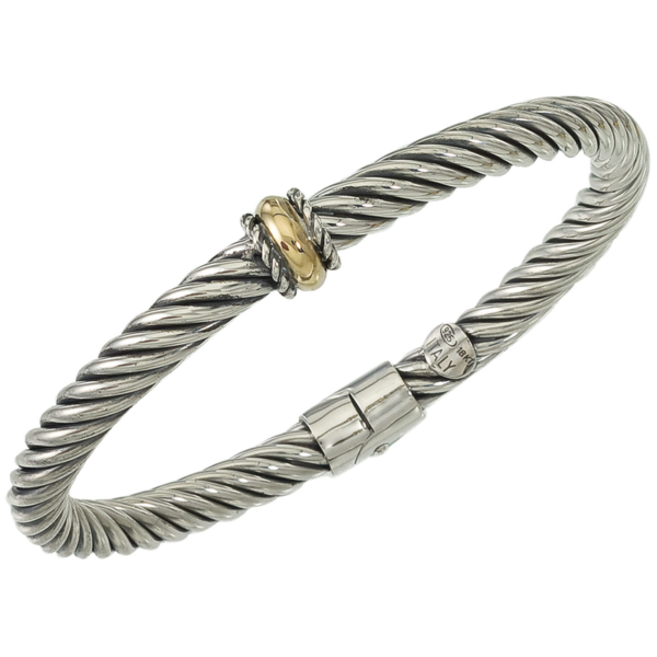 Wide Single Yellow Gold Rondelle Station Sterling Twisted Cable Spring Bangle Bracelet