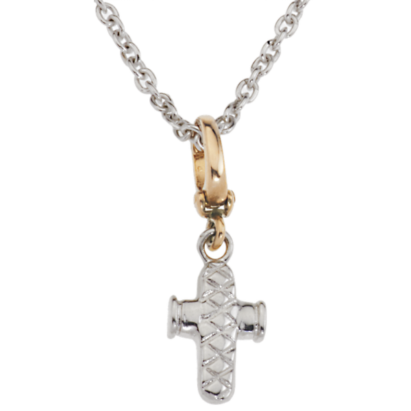 Tiny Sterling Traversa Cross Pendant with Yellow Gold Enhancer Bail