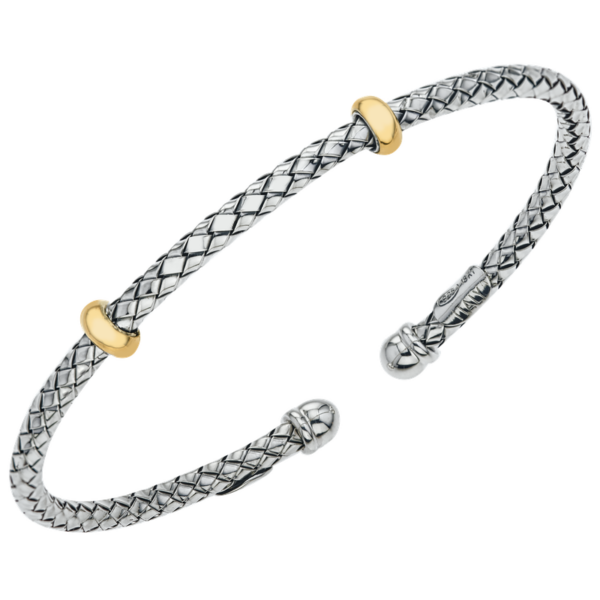 Two Yellow Gold Rondelle Station Sterling Traversa Cuff Bangle Bracelet