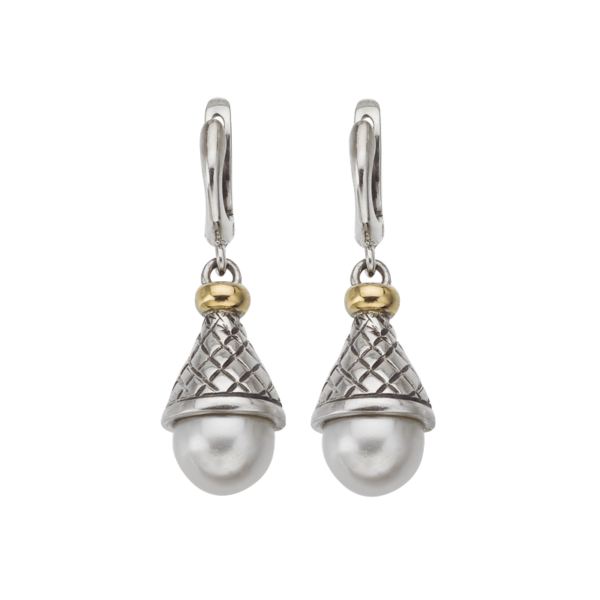 Sterling Traversa Pearl Dangle Earrings, Yellow Gold Rondelles
