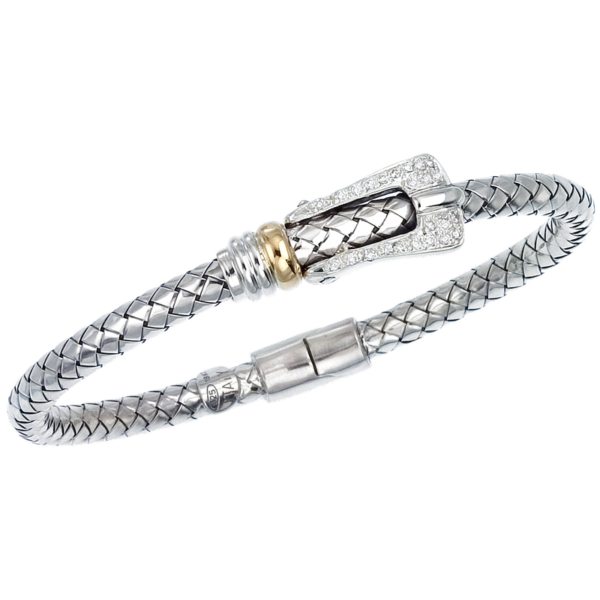 Diamond Pave' Buckle Sterling Traversa Spring Bangle Bracelet, Yellow Gold Rondelle